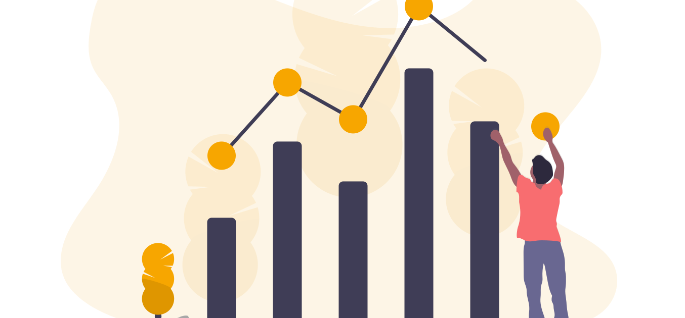 Illustration, auf der ein Mann eine Statistik zusammenfügt.