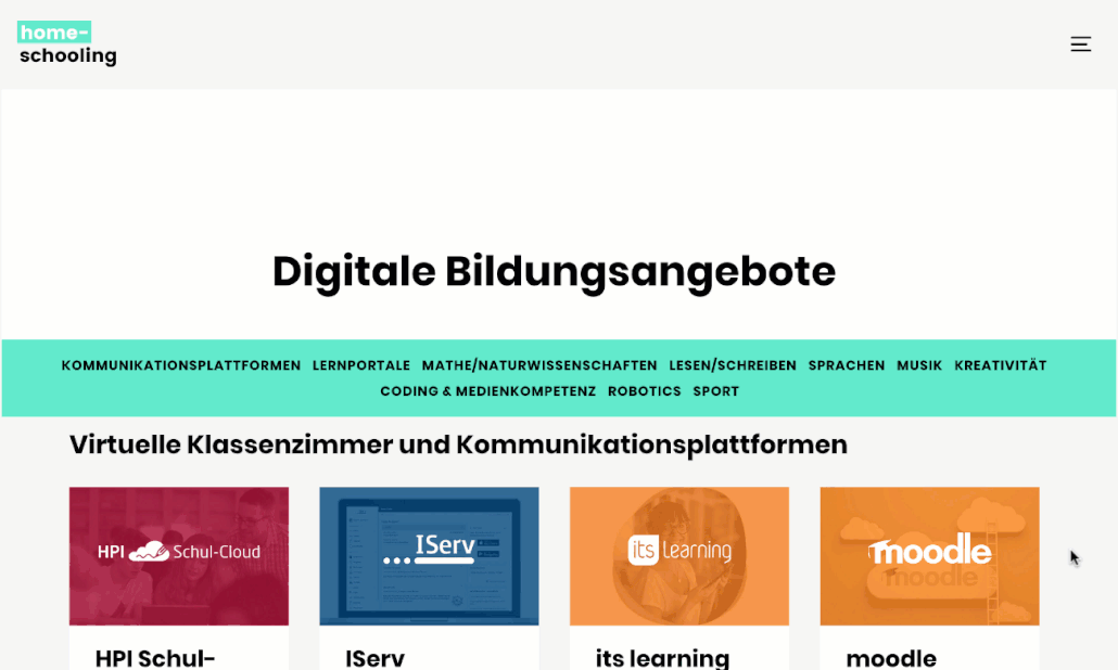 Screenflow der digitalen Bildungsangebote von homeschooling.de