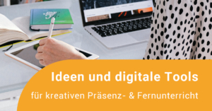 Online Fortbildung Ideen und digitale Tools eine person im gepunkteten Oberteil sitzt am Schreibtisch und arbeitet am Tablet