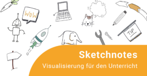 Online Fortbildung Sketchnotes Illustrationen zur Fortbildung: Elefant, Katze, Schild, Roboter, Möhre, Computer, Stift ...
