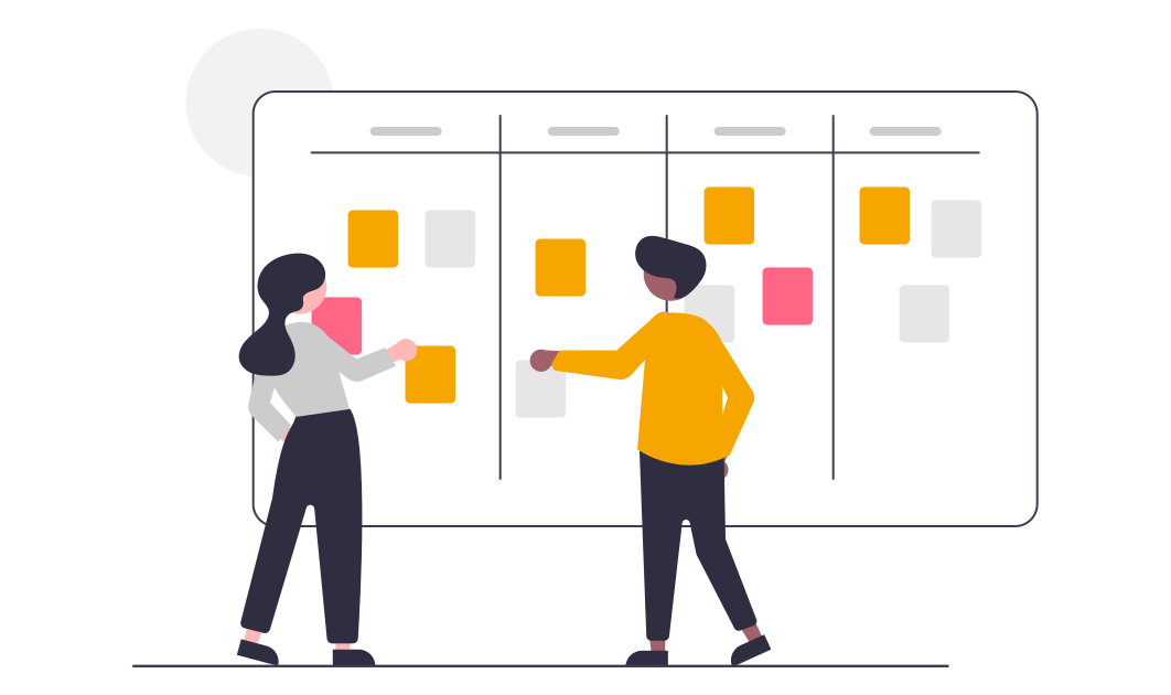 Illustration: Zwei Leute stehen vor einem Kanban-Board und kleben Zettel.