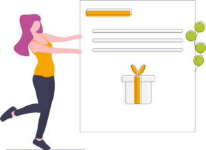 Illustration: Frau hält Karte hoch, auf der ein Geschenk abgebildet ist