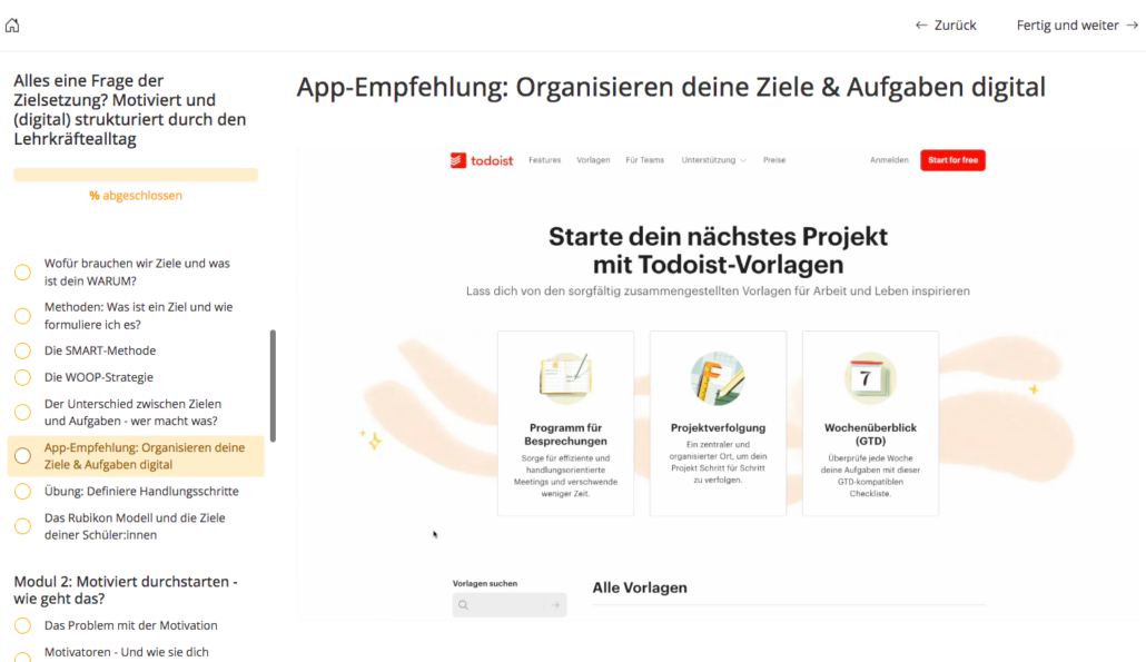 Screenshot Online Fortbildung Motivation und Ziele