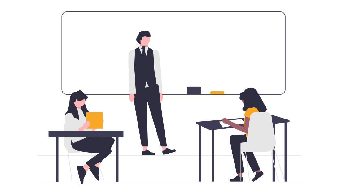 Classroom_Management Lehrkraft steht vor einer Tafel und gestaltet Unterricht