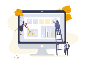 Unterrichtsmaterial: Digitale Medien im Deutschunterricht Illustration: ein Bildschirm mit verschiedenen Grafiken, die von kleinen Figuren verschoben werden