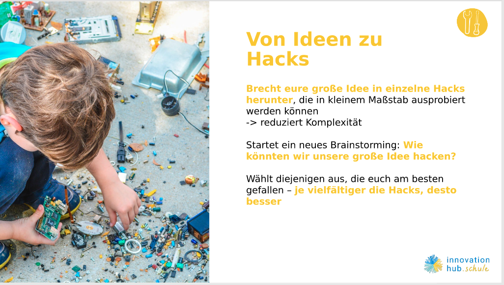 Schulentwicklungsreise Teil 5 - von Ideen zu Hacks Von Ideen zu Hacks. Hier wird zur Übersicht eine geeignete Herangehensweise bei komplexen Problemen gezeigt