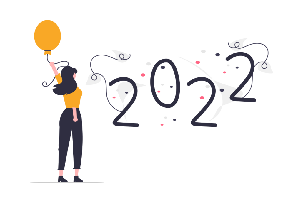 Die Zahlen 2022 mit einer Frau, mit einem Luftballon in der Hand