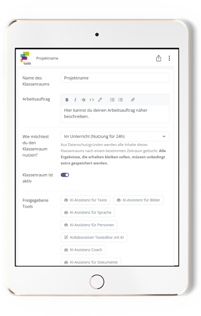 Bild eines iPads mit dem Klassenraum der fobizz KI-Assistenz